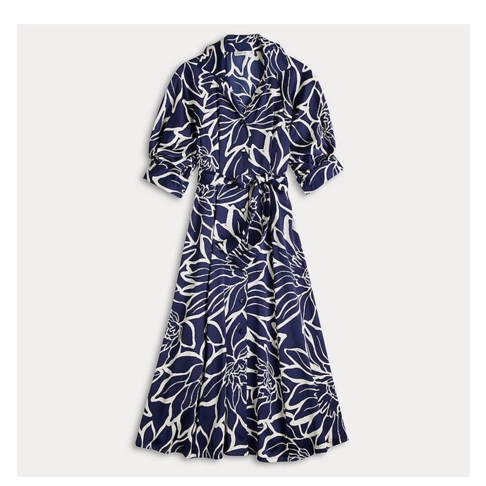 Sandra Darren Navy and White Floral Long Sleeve Midi Dress